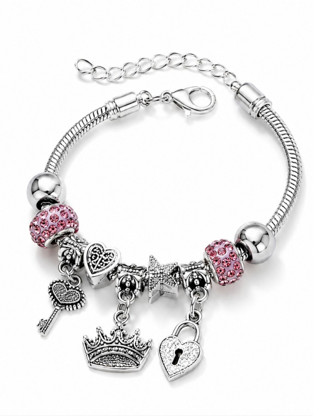Crown and Heart Lock Shaped Charm Bracelet